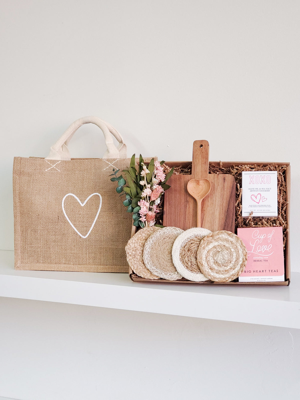 Gift Box With Wood board, Wood Spoon, Tea And Cookies - Rectangular